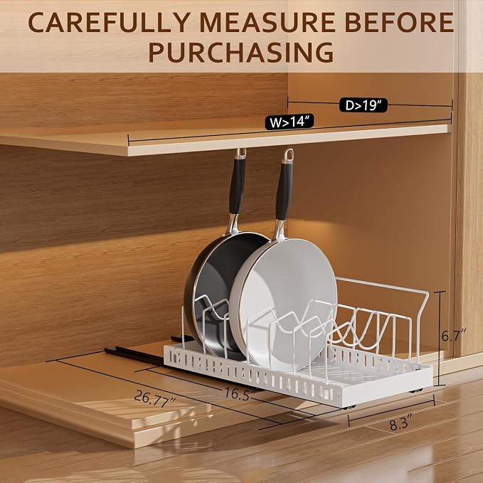White 2 Pack Pot Lid Organizer, Pull Out Cabinet Rack, 8 Dividers | 2-pack black carbon steel rack, 16 adjustable dividers, quiet slide rails, adhesive or screw mount for lids, pans, bakeware - Image 2