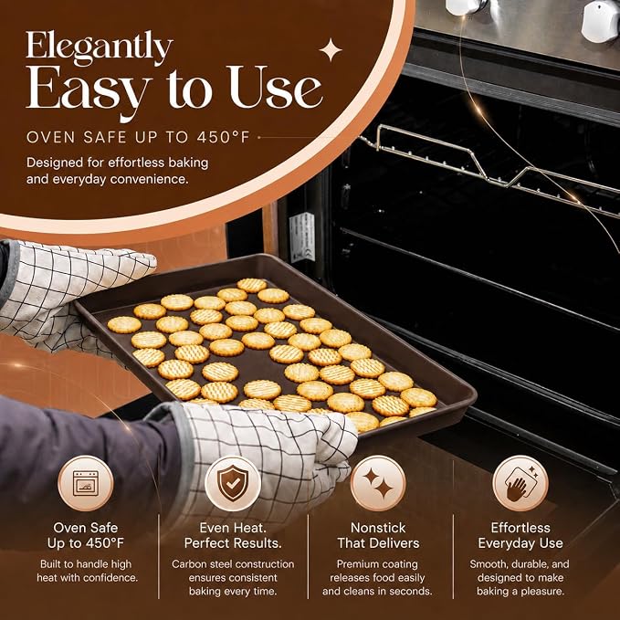Nonstick Bakeware Set 8 Piece - Stackable Baking Pan Set, Oven safe 450°F, Carbon Steel Baking Set with Muffin, Loaf, Cookie Sheets & Roaster, Easy Storage, BPA-Free (Dark Brown) - Image 5