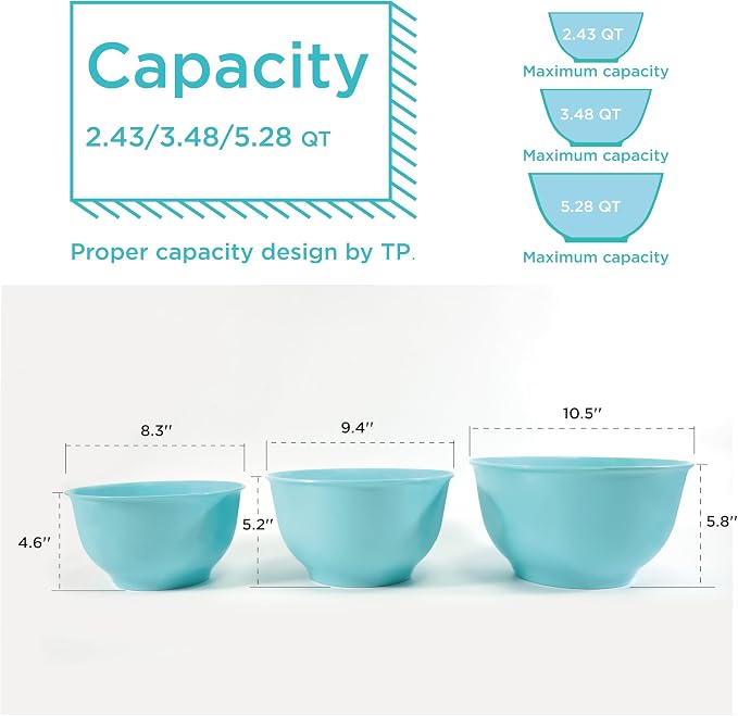 TP Melamine Mixing Bowl Set with Lids, Salad Bowl Set of 3, Glossy Teal | Nesting Design,Break-resistant,Pasta & Salad Prep, Baking Prep, Space-saving Storage, Freezer Safe, Dishwasher Safe - Image 6