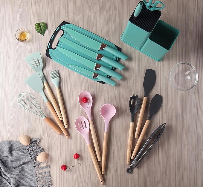 19 Pieces Kitchen Utensils and Knife Set with Block, Inldued 9 Pieces Silicone Cooking Utensils Set 5 Pieces Sharp Stainless Steel Chef Knives Scissors Whisk Tongs and Cutting Board (TEAL) - Image 6