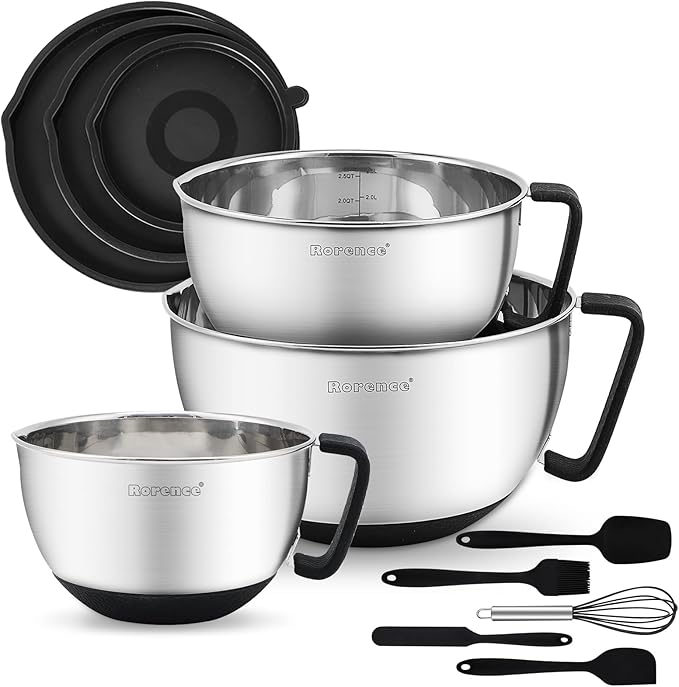 Stainless Steel Mixing Bowls: Metal Mixing Bowl Set with Lids and Handles Non-slip Silicone Bottom Nesting Bowls for Kitchen Set of 3 - Black by Rorence