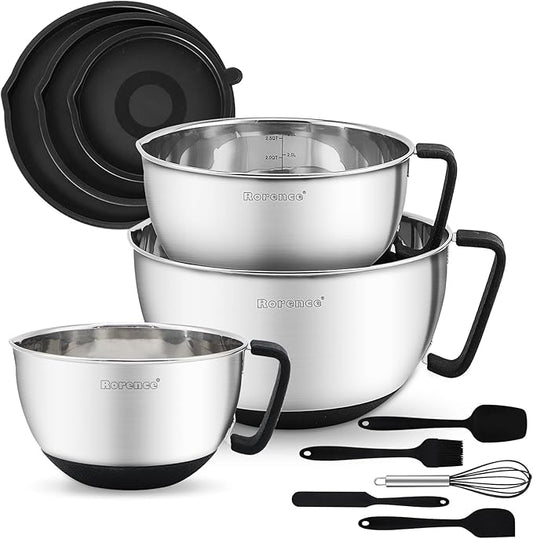 Stainless Steel Mixing Bowls: Metal Mixing Bowl Set with Lids and Handles Non-slip Silicone Bottom Nesting Bowls for Kitchen Set of 3 - Black by Rorence