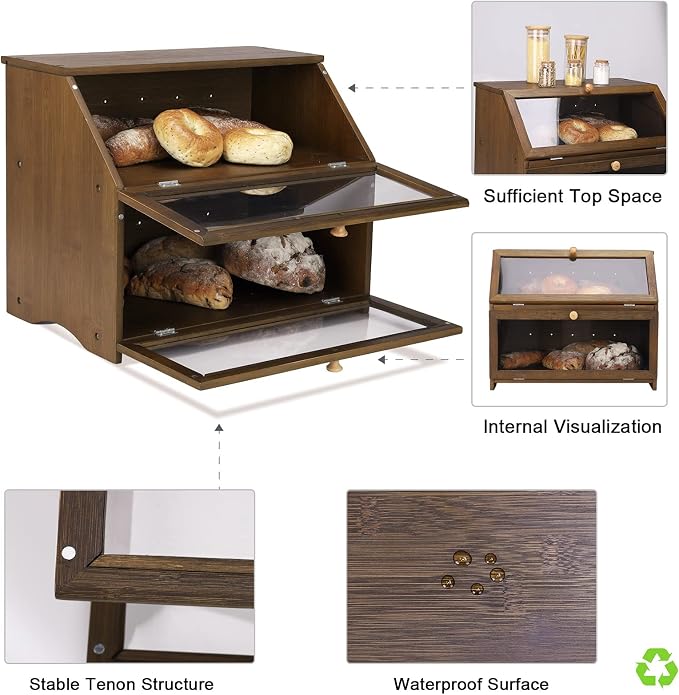 HOMEKOKO Double Layer Bread Box, Wooden Bread Storage Bin, Brown | Keeps Bread Fresh 3-4 Days, Large Capacity Fits 2+ Loaves, Suitable For Home Kitchen Food Storage Use, See-Through Window - Image 4