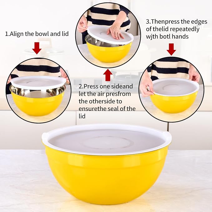 Yellow Mixing Bowls with Lids Set of 7, Stainless Steel Nesting Bowl with Khaki Lid for Non-slip Mixing Prepping Storing Serving, 7 Sizes-7/3.6/2.7/2.1/1.5/1/0.8 QT - Image 3