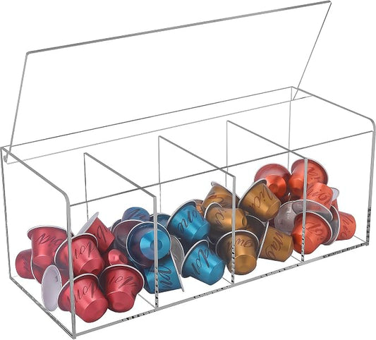 Coffee Pod Holder, Organizer for K Cup, Storage for Coffee Station Counter, Compatible with Nespresso Capsule& Keurig Pods, Coffee Bar Accessories, Acrylic 4 Compartment with Lid - Clear by XBelmber