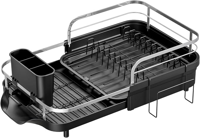 Expandable Stainless Steel Single Tier Dish Drying Rack, Auto Drain Dish Drainer for Kitchen Counter with Rotatable Multi-Slot, Drainboard, Utensil & Cutting Board Holder, 15"-22.4" Adjustable Length - Image 2