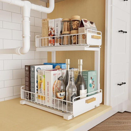 Under Sink Organizer 1 Pack Pull Out Cabinet Organizer with Ball Bearing Sliding Drawer 2 Tier Adjustable Storage Rack Heavy Duty for Kitchen Bathroom White by HOMEAILIE