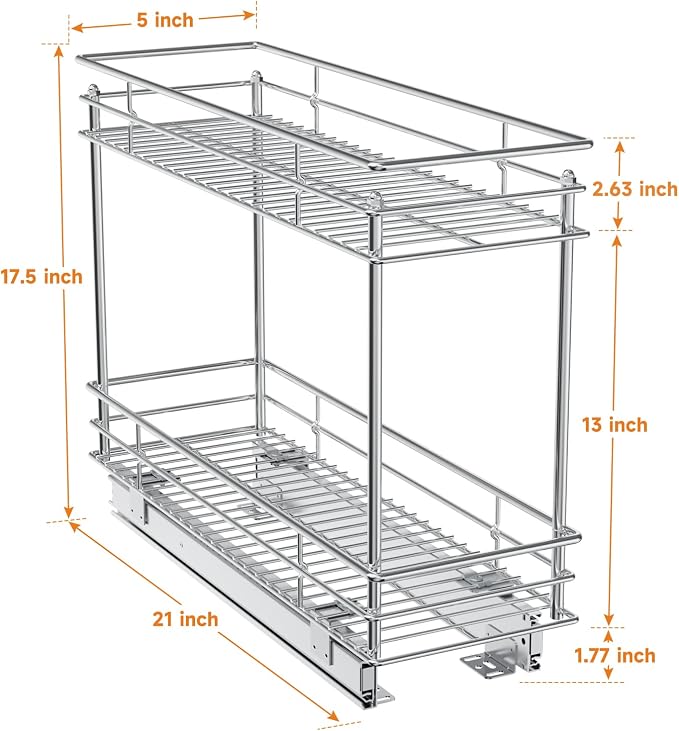 ROOMTEC Pull Out Cabinet Organizer for Narrow Cabinet (5" W X 21" D), Kitchen Cabinet Organizer and Storage 2-Tier Cabinet Pull Out Shelves Under Cabinet Storage for Kitchen, Chrome - Image 6