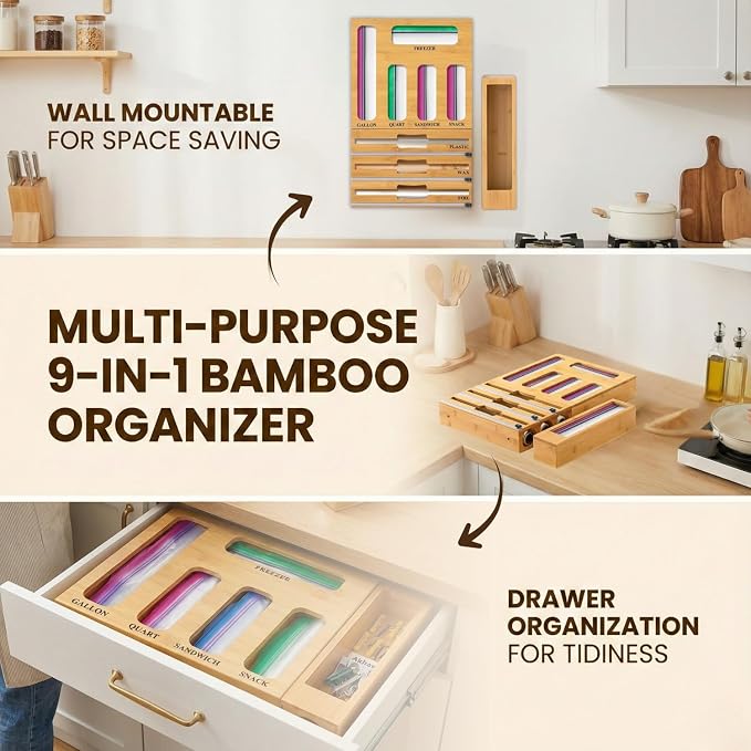 9 in 1 Storage Bag Organizer for Kitchen Drawer, Bamboo Foil and Plastic Wrap with Cutter, Ziplock Bag Organizer for Quart, Gallon, Sandwich & Snack Bags - Image 6