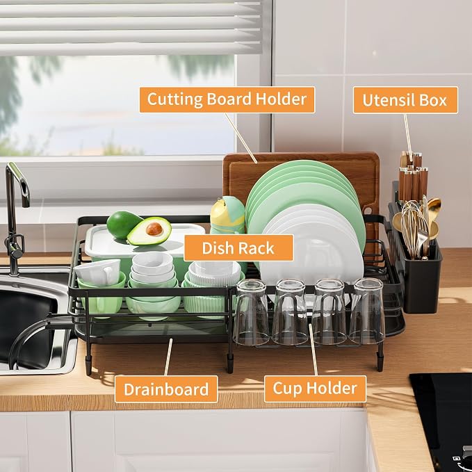 Dish Drying Rack - Extendable Dish Rack, Multifunctional Dish Rack for Kitchen Counter, Anti-Rust Drying Dish Rack with Removable Cutlery & Cup Holders, Black - Image 2