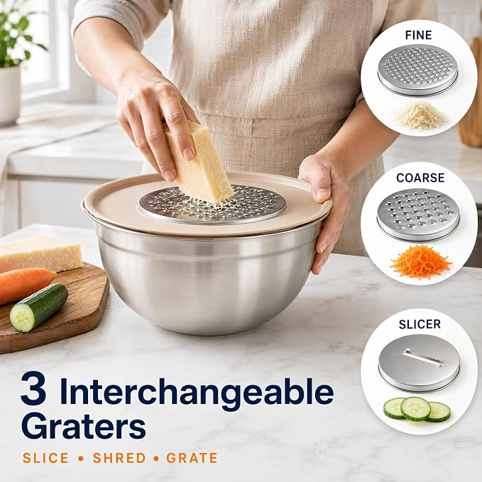 31PCS Mixing Bowls with Lids Set, 5.5QT to 0.6QT Stainless Steel Nesting Bowls with Graters, Large Khaki Bowls & 21 Measuring Cups and Spoons Set Kitchen Appliances for Mixing, Baking, Food Storage - Image 5