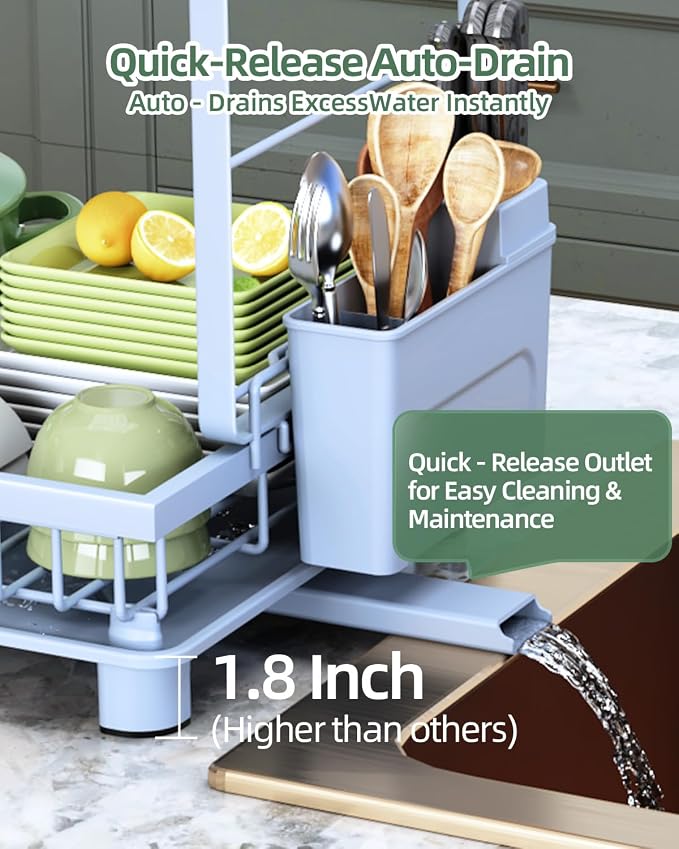 Dish Drying Rack 2-Tier Dish Racks with Drainboard, Rustproof, Space-Saving Dish Rack, Utensil & Cup Holder for Kitchen Counter, Blue - Image 5