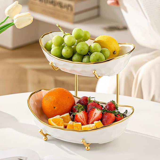 Fruit Bowl for Kitchen Counter - Two Tier Ceramic Fruit Basket, Fruit Holder for Fresh Fruit&Veggies, Modern Tiered Fruit Platter Serving Trays for Party - Image 3