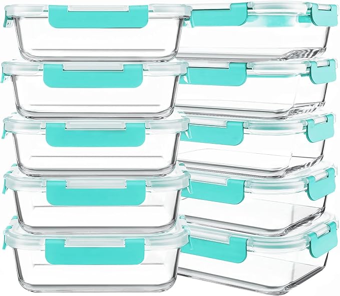 10 Packs 30 oz Glass Meal Prep Containers with Lids, Green | Glass Food Storage Containers, Airtight Lunch Bento Boxes, Microwave, Oven, Freezer and Dishwasher by KOMUEEUS