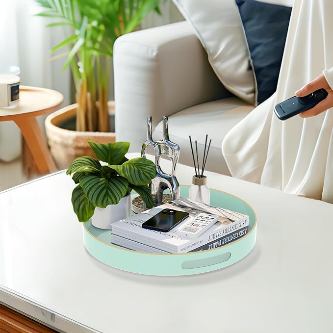 13" Mint Green Decorative Tray, Round Serving Tray with Handles | Plastic Decorative Tray for Coffee Table, Modern Ottoman Tray, Circle Tea Tray, Round Melamine Tray for Living Room, Bathroom - Image 5