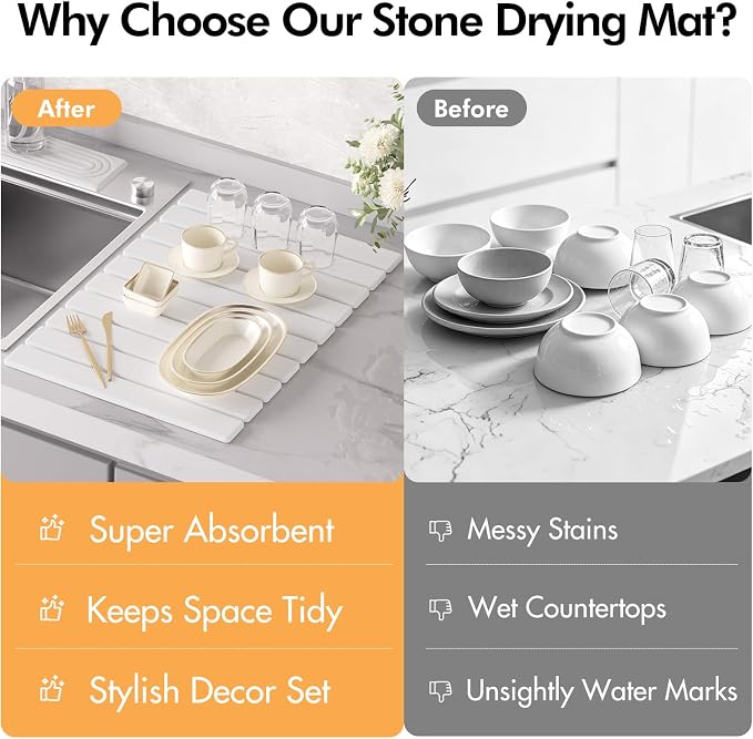 4 Pcs Stone Dish Drying Mat Set, 24''x16'' Large Super Absorbent Diatomaceous Earth Stone Drying Mat Faucet Mat with 2 Coasters, Collapsible Quick Dry Mat for Kitchen Counter Dishes - Image 6