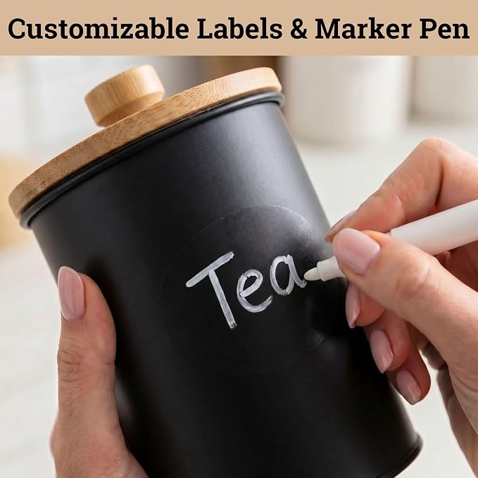 Kitchen Canisters for Countertop Set of 4 w/ Chalkboard Labels & Marker Pen | Airtight Easy Open Bamboo Lids, Dent-Resistant Thick Metal, Customizable Chalkboard Labels, Marker Pen Included, Set of 4 - Image 5