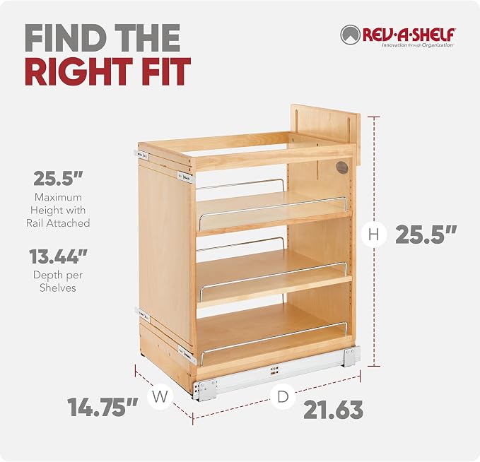 Rev-A-Shelf Maple Pullout Organizer w/ BLUM Soft-Close for Base Cabinets, Full Extension Slides & Adjustable Shelves, Min Opening Width of 14.5", 448-BCSC-14C - Image 8