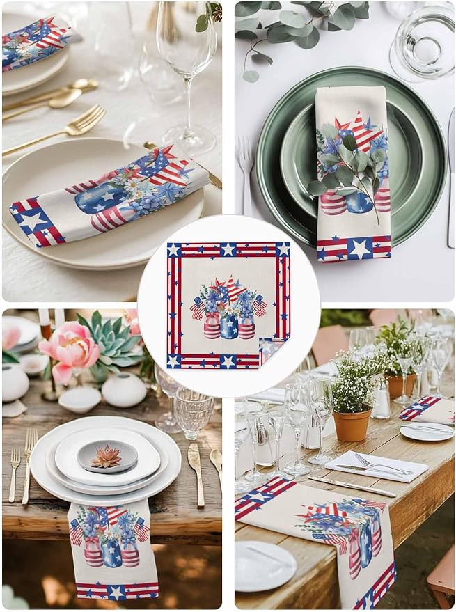 Poppy Flower Patriotic Flag Cloth Napkins Set of 8 - Washable Dinner Napkins Reusable Table Napkins for Home Party Weeding Dining Table Setting Decoration, Independence Day Red Blue Oversized 20"x20" - Image 6