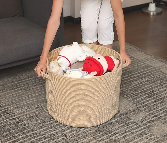 20x15 Inch Extra Large Round Cotton Rope Storage Basket with Lid, Decorative Woven Bin with Cover for Living Room Bedroom Closet, Beige - Image 5