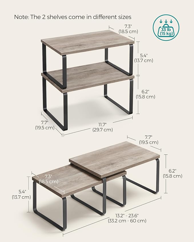 SONGMICS Cabinet Organizer Shelf, Set of 2 Kitchen Counter Shelves, Kitchen Storage, Spice Rack, Stackable, Expandable, Metal and Engineered Wood, 11.7 Inches, Ink Black and Heather Greige UKCS020X02 - Image 6