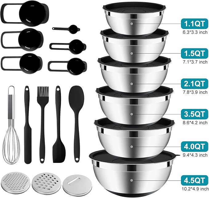 20-Piece Mixing Bowls Set with Airtight Lids – 6 Stainless Steel Kitchen Bowls (4.5QT, 4QT, 3.5QT, 2.1QT, 1.5QT, 1.1QT), 3 Grater Attachments, Non-Slip Silicone Bottoms, Perfect for Baking & Serving - Image 2