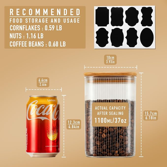 D2scrma 37oz Airtight Glass Square Storage Canisters with Bamboo Lids Set of 4 (1100ml) Striped Stackable Containers, Decorative Kitchen Jars for Tea, Nuts and Coffee (‎with Black Lable) - Image 2