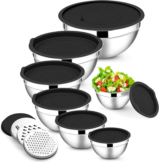 E-far Mixing Bowls with Lids Set, 7-Piece Stainless Steel Metal Mixing Bowls with 3 Grater Attachments, Size 4.6, 3.5, 2.6, 2, 1.5, 1, 0.7QT, Nesting Design & Black Airtight Lids, For Baking/Cooking by E-far