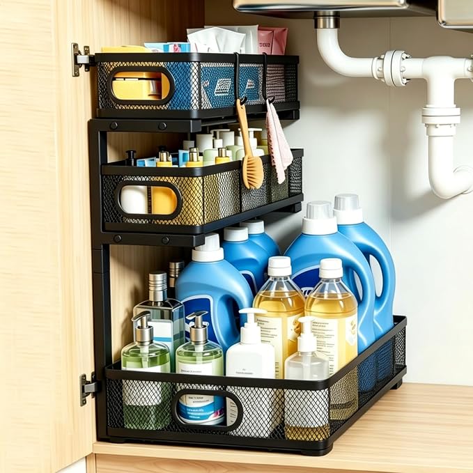 3 Tier Mesh Pull Out Organizer Black 1 Pack Sliding Rack | Single mesh organizer for compact bathroom and kitchen storage with adjustable design for daily essentials organization by Tviorst