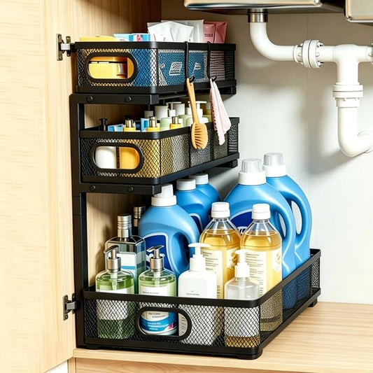 3 Tier Mesh Pull Out Organizer Black 1 Pack Sliding Rack | Single mesh organizer for compact bathroom and kitchen storage with adjustable design for daily essentials organization by Tviorst