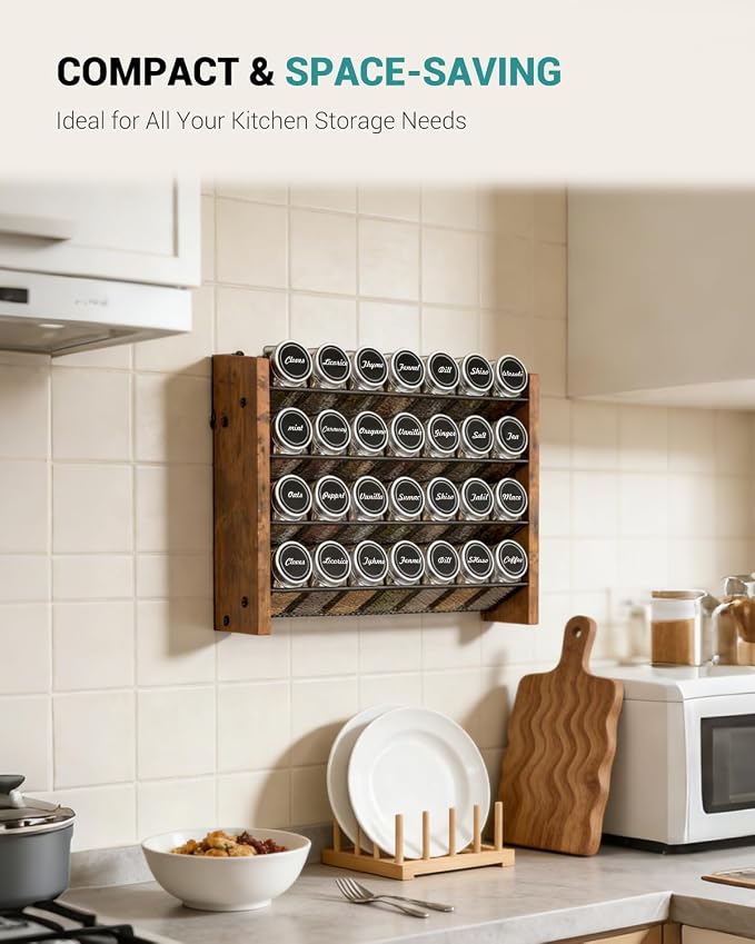 NESAPTO Spice Rack Organizer with 28 Glass Spice Jars, Wood 4-Tier Seasoning Organizer with Labels for Cabinet, Pantry, Countertop or Wall Mount, Chalk Marker and Funnel Set, 14" W × 9.4" H - Image 6