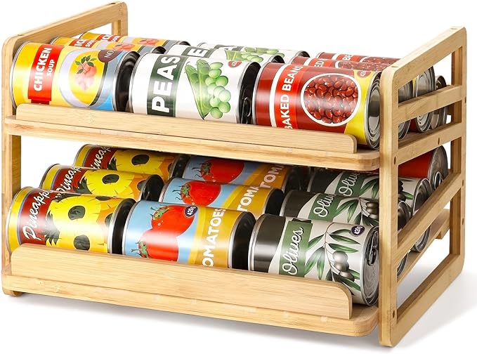 Rolling Bamboo Can Organizer Rack, Stackable Can Storage | Double-Layer Can Storage for Pantry, Canned Goods Holder Dispenser For Countertop Kitchen Cabinet or Pantry Shelf by Yumkfoi