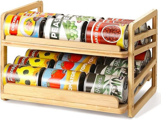 Rolling Bamboo Can Organizer Rack, Stackable Can Storage | Double-Layer Can Storage for Pantry, Canned Goods Holder Dispenser For Countertop Kitchen Cabinet or Pantry Shelf by Yumkfoi