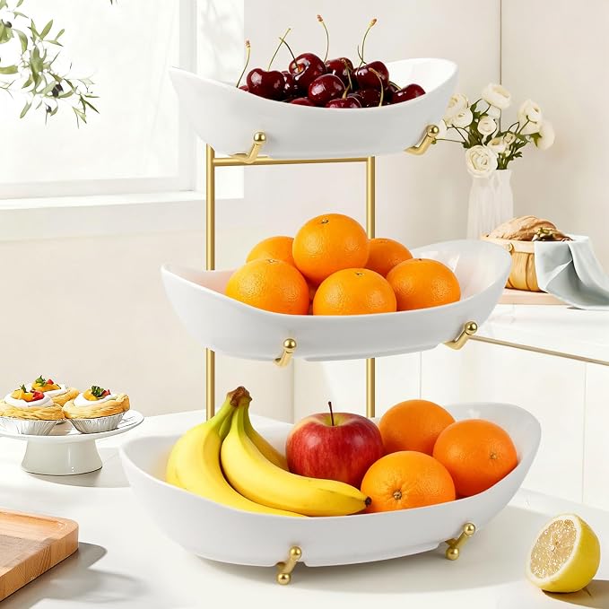 Fruit Bowl for Kitchen Counter Large, 3 Tier Fruit Basket for Counter, Ceramic Holder, Tiered Stand with Metal Stand, Detachable Rack for Fruit Vegetable Snack Dessert Storage (White) - Image 5
