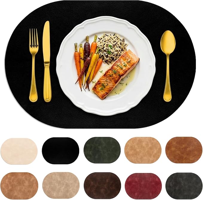 Oval Placemats 2mm Ultra Thick Faux Leather Table Mats, Heat Resistant Waterproof Wipeable Dining Mats for Kitchen Table, Set of 12, Black by BIPASION