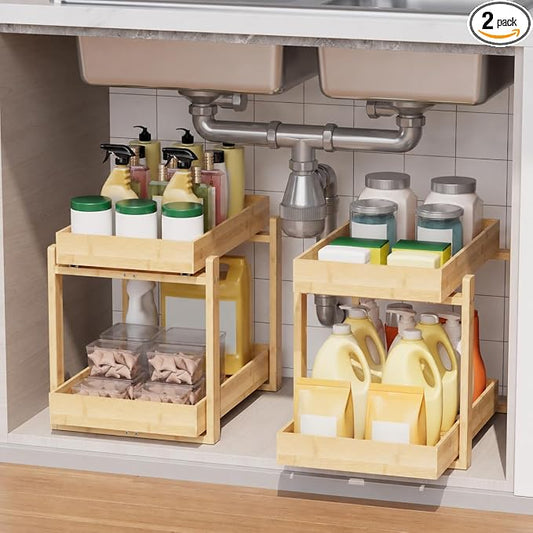Bamboo Under Sink Organizer 2 Tier Pull Out Cabinet Storage Drawer by LONTAI