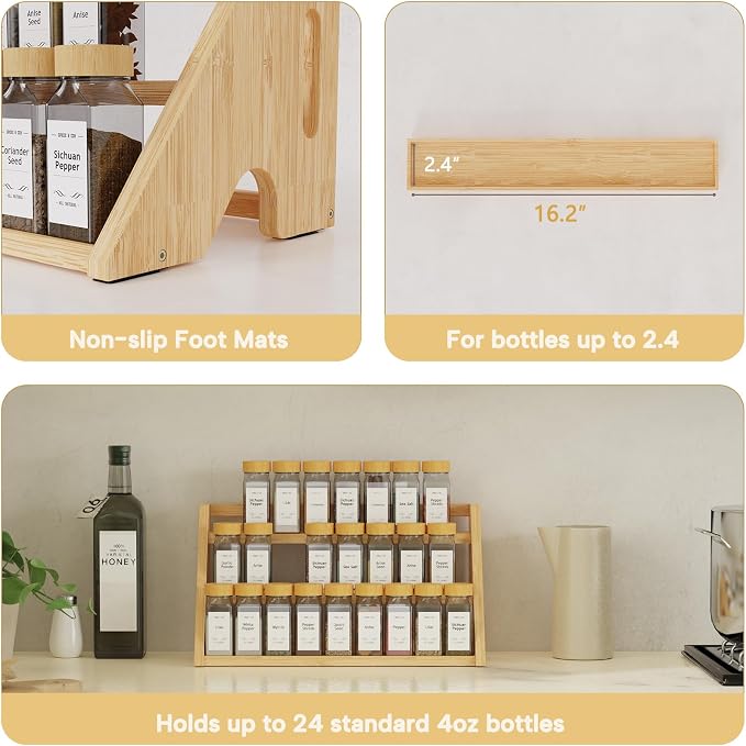 Bamboo Spice Rack Organizer -3-Tier Spice Rack for Countertop,Cabinet Spice Rack Organizer for 24 Spice Jars(4oz)，Step Shelf (yellow) - Image 5