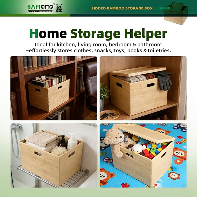BAMOTTO CRAFTBAMBOO Large Lidded Bamboo Storage Bin 14.6”x10.2”x9.6” | Stackable | Cutout Handles | Natural Bamboo Box Basket for Kitchen Pantry Office Closet, Organize Tableware Toys Crafts Books - Image 4