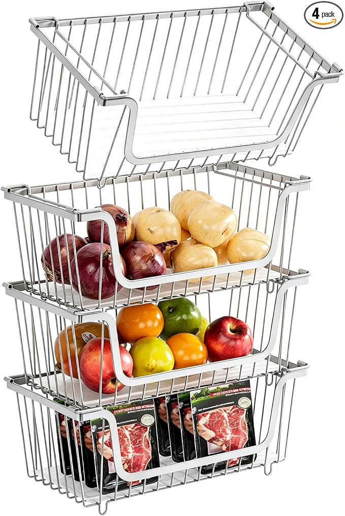 4 Pcs Stackable Wire Baskets for Pantry Organizers and Storage,silver | Vegetable Fruit Basket for Countertop,Kitchen Storage Metal Baskets,Produce Potato Onion Storage Bin, by GAOKASE
