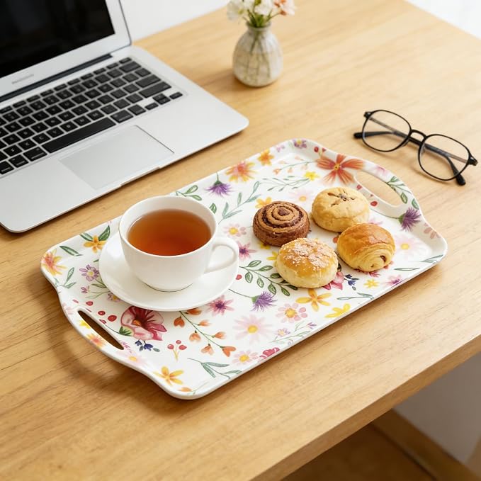 Extra Large Melamine Platters, Serving Tray with Handles for Cookie, Cupcakes, Desserts, Dishwasher Safe, Ottoman Tray Decor, Set of 2, 2 pcs Mats Included (Cottagecore Flower, 19''x11.6'') - Image 6