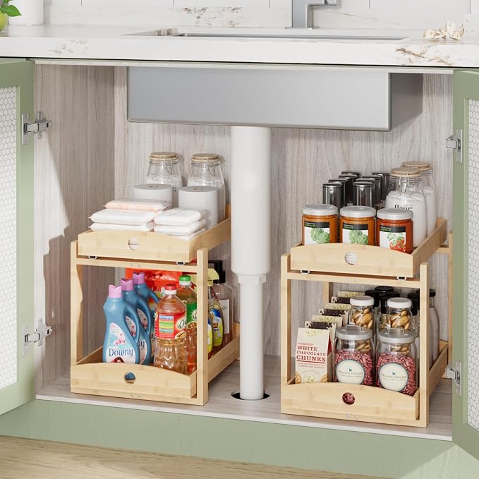 2 Pack Bamboo Under Sink Organizer, 2-Tier Sliding Drawers for Cabinets | Pull-out drawers keep cleaners and tall bottles visible, organized and easy to reach in kitchen or bathroom cabinets - Image 4