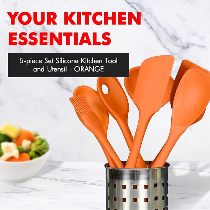Chef Craft Premium Silicone Kitchen Tool and Utensil Set, 5 Piece, Orange - Image 2