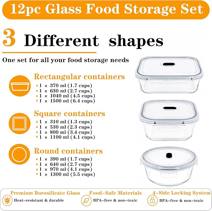 24-Piece Reusable Glass Meal Prep Containers, Meal Prep Glass Containers with Airtight Lids, Leakproof Glass Food Storage Containers, Glass Containers with Lids, Oven Freezer Safe, Black Lids - Image 5