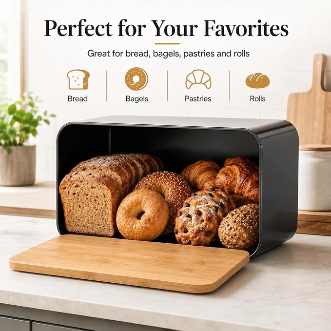 Bread Box, Black Metal Bread Storage Container with Bamboo Lid Usable as Cutting Board, Large Breadbox Holder for Kitchen Countertop, Bread Keeper for Loaves, Bagels, Pastries and Rolls - Image 3