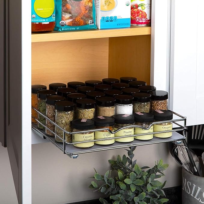 Pull-Out Cabinet Spice Rack Organizer, 12 ⅜"W x 10 ⅜"D x 2 ¾"H | Slim Slide-Out Storage for Spices, Bottles & Jars, Premium Heavy-Duty Steel, Easy Install for Narrow Kitchen Cabinets, Chrome - Image 2