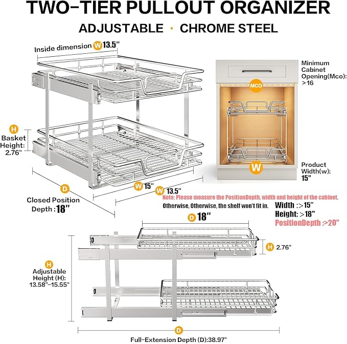 2-Tier Kitchen Cabinet Pull Out Shelf and Drawer Organizer Slide Out Pantry Storaqe Basket in Multiple Sizes (15" W x18 D) - Image 2