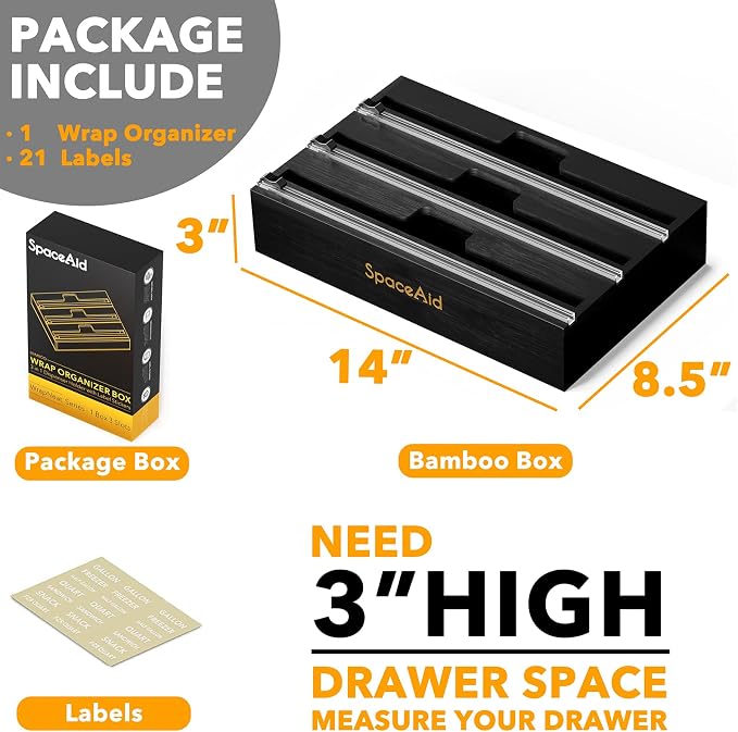 SpaceAid WrapNeat 3 in 1 Wrap Organizer with Cutter and Labels, Plastic Wrap, Aluminum Foil and Wax Bamboo Dispenser for Kitchen Storage Organization Holder for 12" Roll (Black) - Image 3