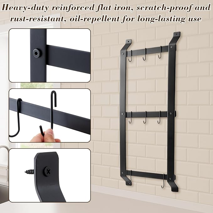 37” Pot and Pan Hanging Rack Wall Mounted, 3 Tier Iron Vertical Hanging Pan Organizer Shelf with 8 S Hooks Hanger for Kitchen Utensils, Space Saving Storage for Cookware - Image 6