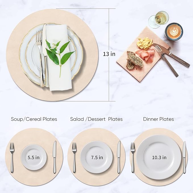 ADRIMER Placemats, Heat Resistant Round Placemats Set of 8 Washable, Waterproof Table Mats, Wipeable Faux Leather Place Mats for Kitchen, Dining Room, Beige - Image 3