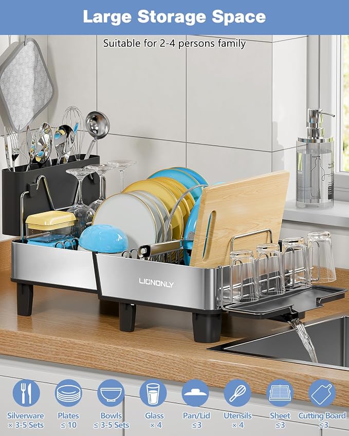 Dish Drying Rack, 304 Stainless Steel Exendable Dish Rack with Adjustable Drain Spout, Large Capacity Dish Drainer with Utensil Holder, Cup Holder and Cutting Board Rack for Kitchen Counter, Black - Image 5